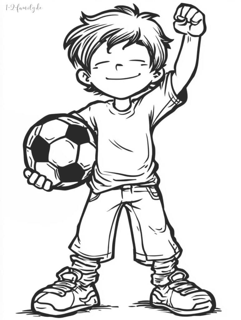 Junge mit Fußball Siegerpose Ausmalbild