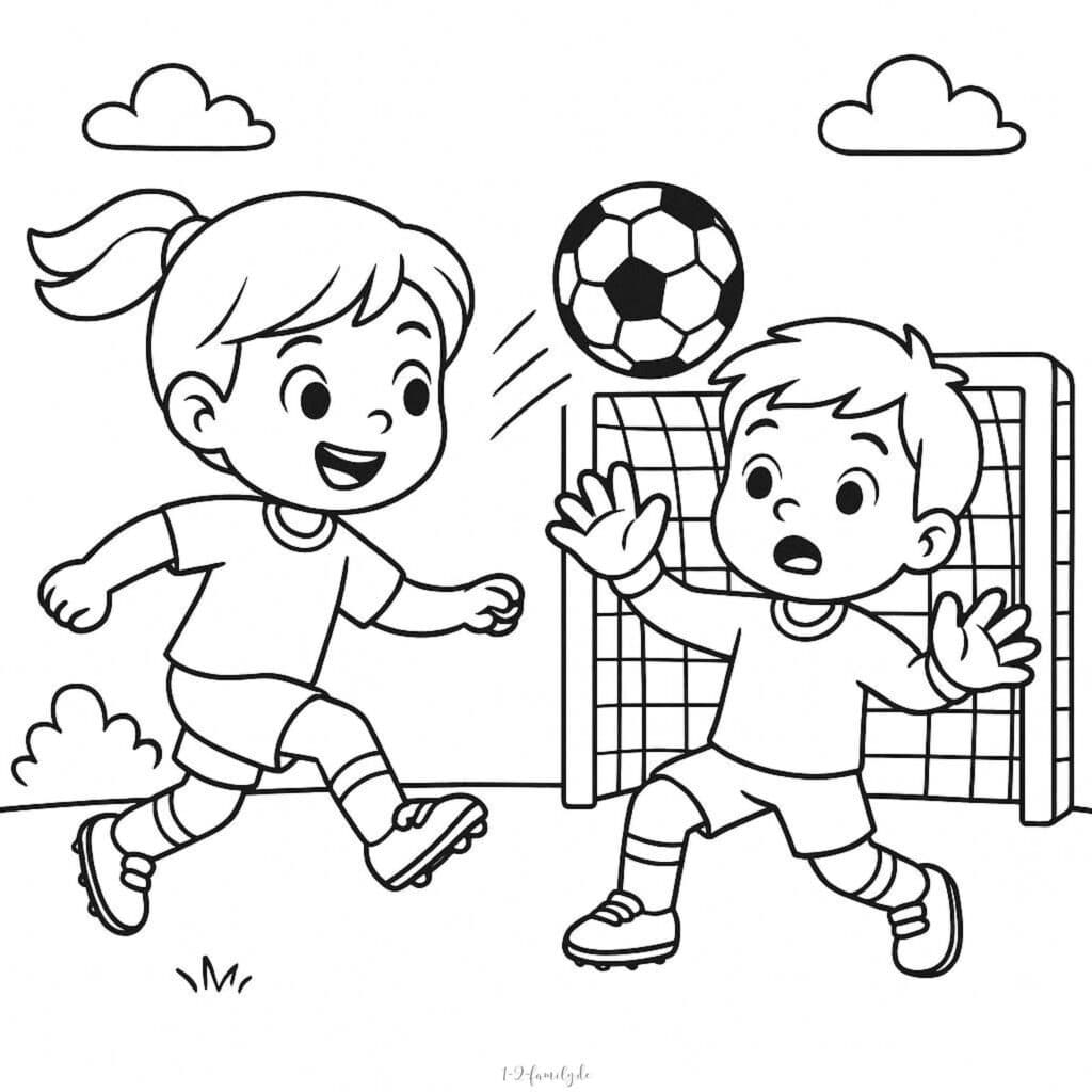Junge und Mädchen spielen draußen Fußball Ausmalbild