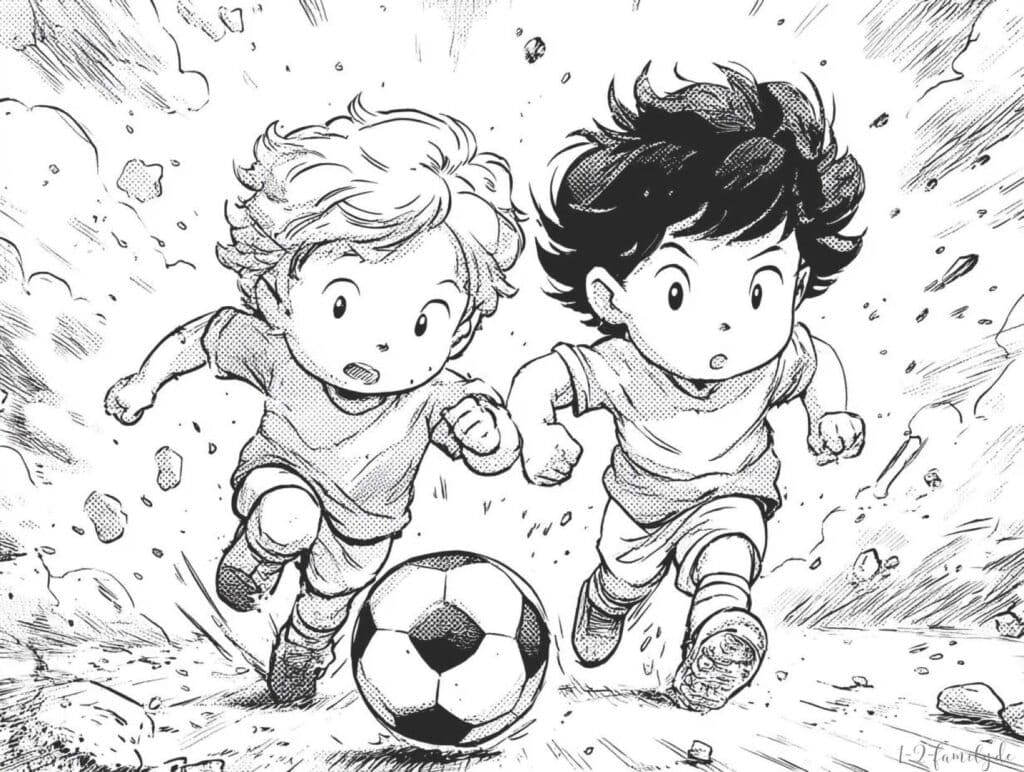 Kinder spielen draußen Fußball Ausmalbild