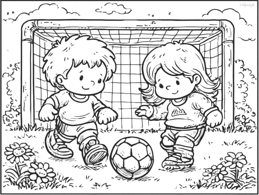 Kleiner Junge und Mädchen spielen Fußball Ausmalbild