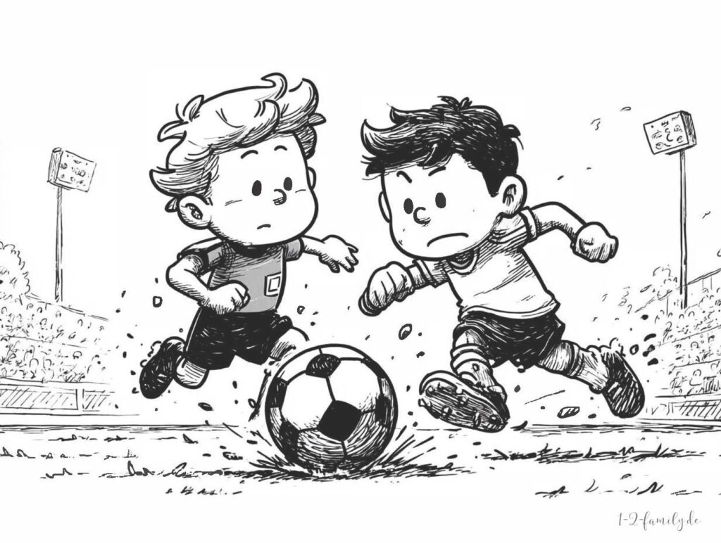 Zwei Jungs spielen Fußball im Stadion Ausmalbild