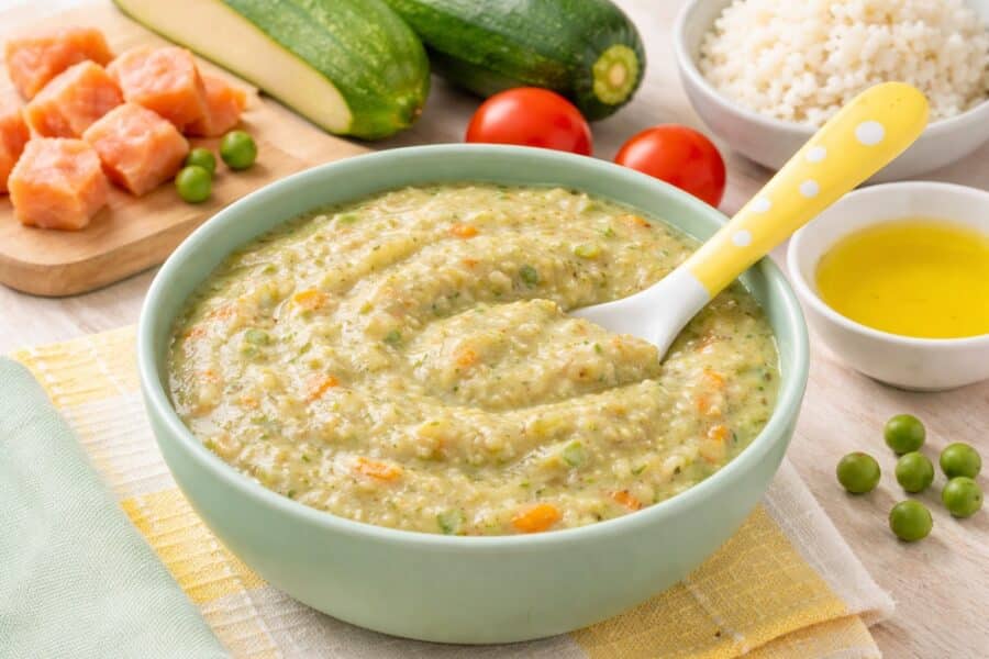 Babybrei mit Gartengemüse, Lachs & Reis