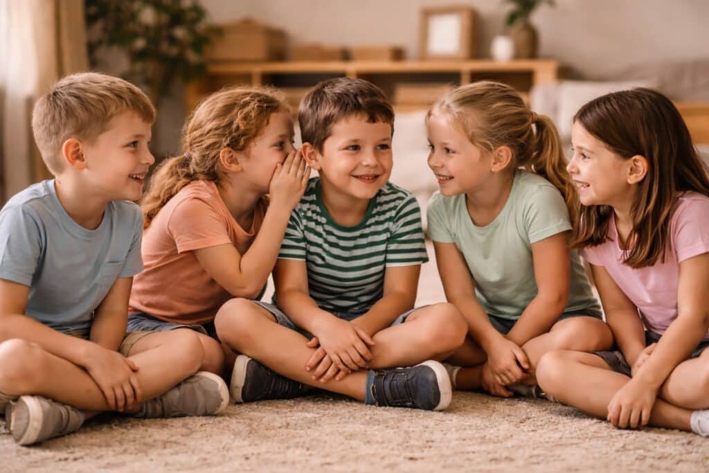 Kinder spielen Stille Post und flüstern sich einen Satz ins Ohr
