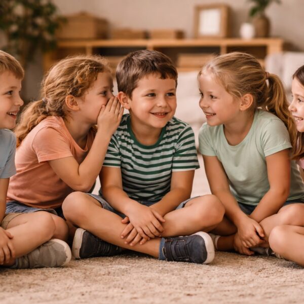 Kinder spielen Stille Post und flüstern sich einen Satz ins Ohr