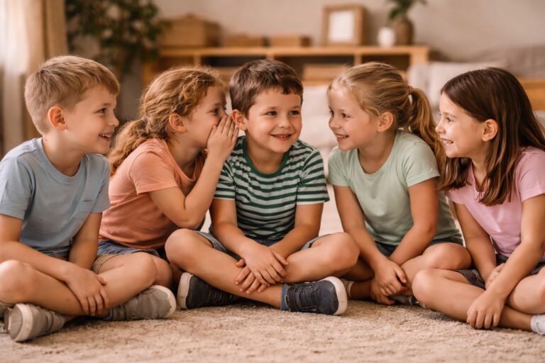 Kinder spielen Stille Post und flüstern sich einen Satz ins Ohr