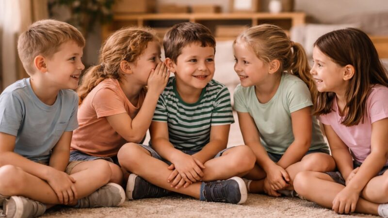 Kinder spielen Stille Post und flüstern sich einen Satz ins Ohr