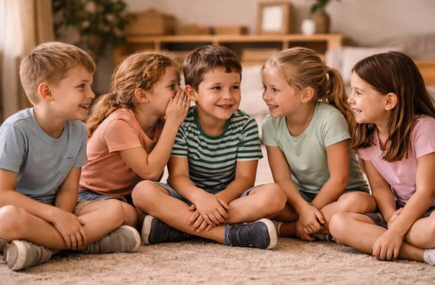 Kinder spielen Stille Post und flüstern sich einen Satz ins Ohr