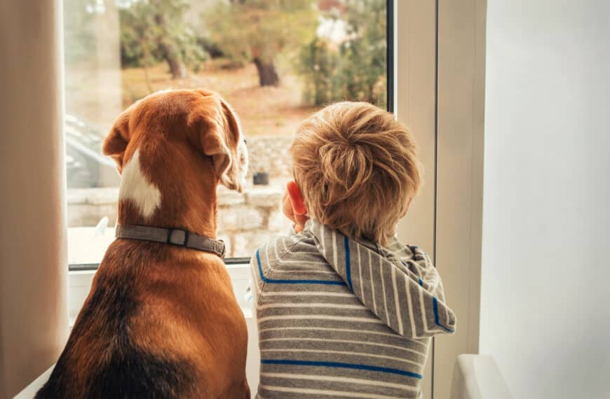 Hund und Kind warten gemeinsam darauf, die Ostereiersuche starten zu dürfen.