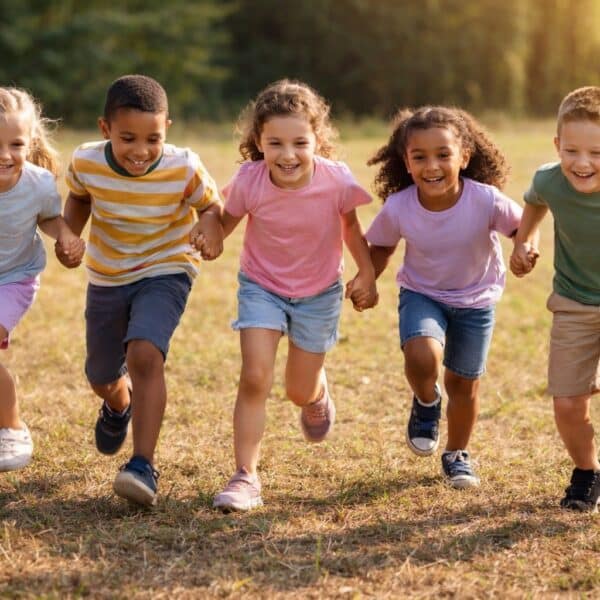 Kinder spielen Kettenfangen und laufen als Kette über eine Wiese