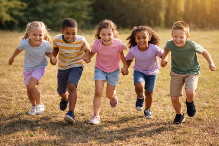 Kinder spielen Kettenfangen und laufen als Kette über eine Wiese
