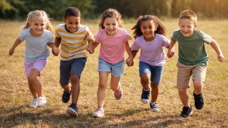 Kinder spielen Kettenfangen und laufen als Kette über eine Wiese