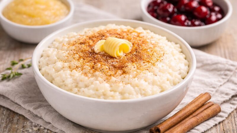 cremiger milchreis mit zimt und zucker in einer schüssel