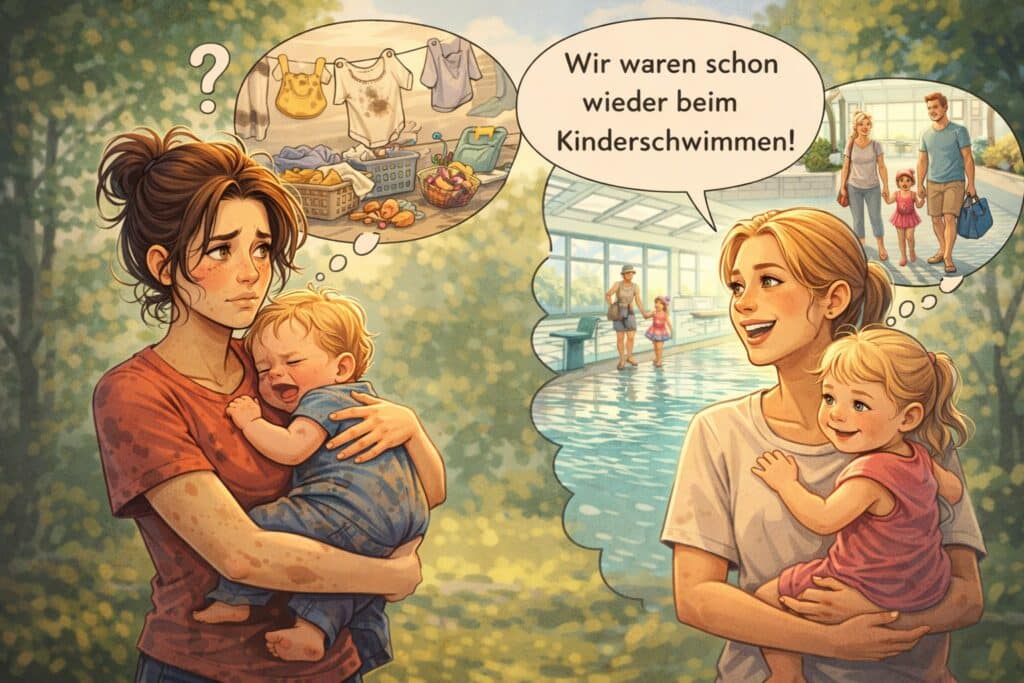 Mutter hält weinendes Kind im Arm und schaut unsicher zu einer anderen entspannten Familie – Vergleich im Elternalltag und Gefühl, nicht gut genug zu sein