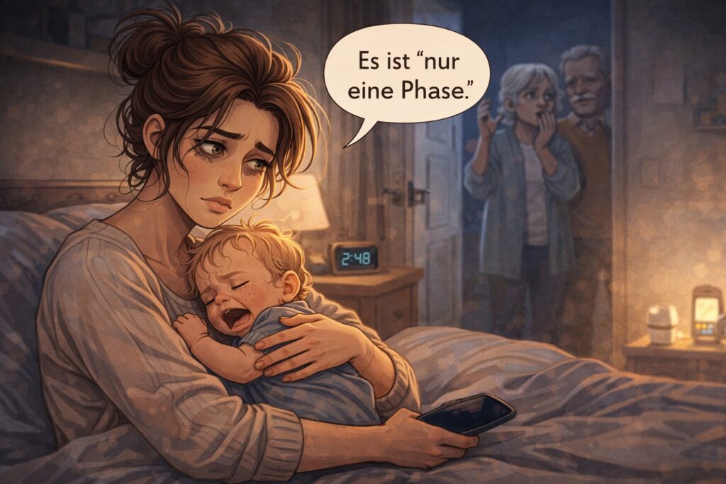 Müde Mutter hält nachts ihr weinendes Baby im Arm, während im Hintergrund ältere Personen stehen – erschöpfender Familienalltag mit Schlafmangel