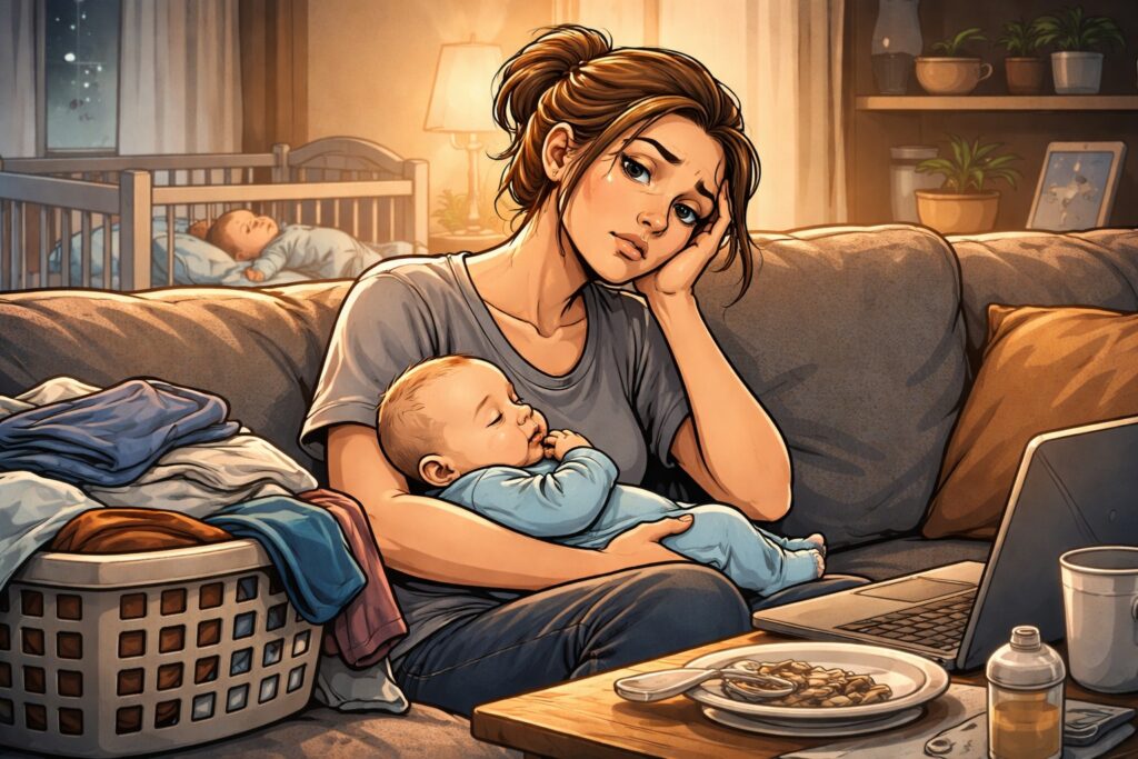 Erschöpfter Elternteil sitzt mit schlafendem Baby und unerledigter Hausarbeit im Hintergrund – typischer Alltag mit Schlafmangel