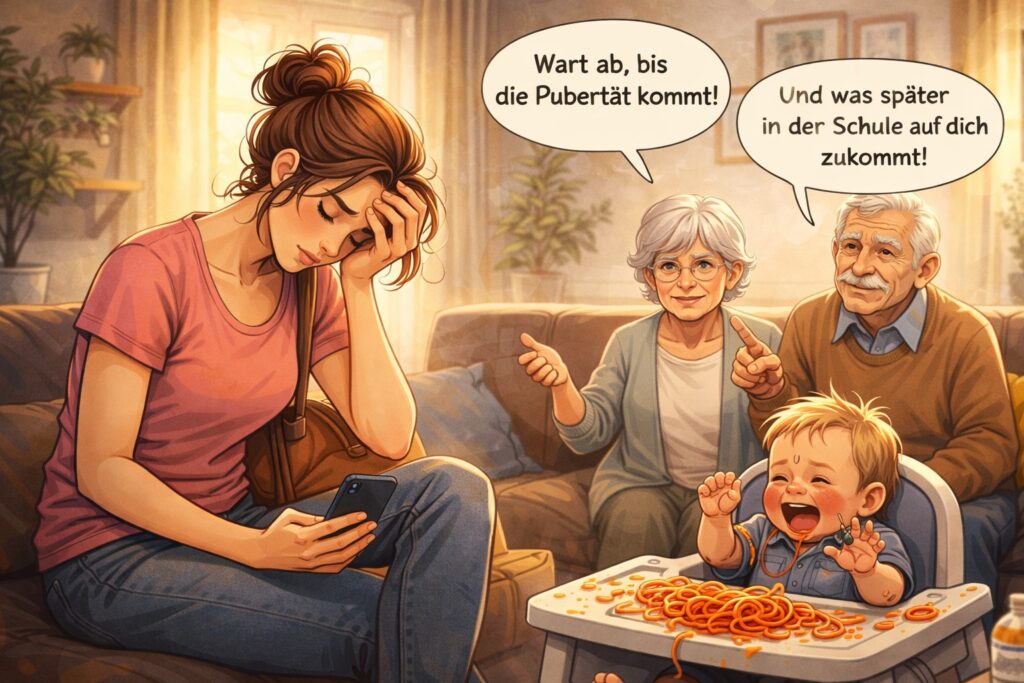 Erschöpfte Mutter sitzt mit Handy auf dem Sofa, während Großeltern im Hintergrund Ratschläge geben und Kleinkind im Hochstuhl Chaos macht – überfordernder Familienalltag