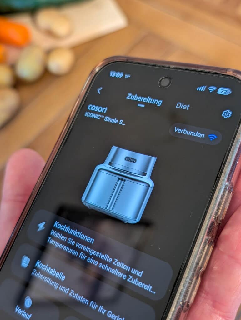 Cosori Iconic Airfryer App Anbindung: Kochfunktionen und Einstellungen über die App.