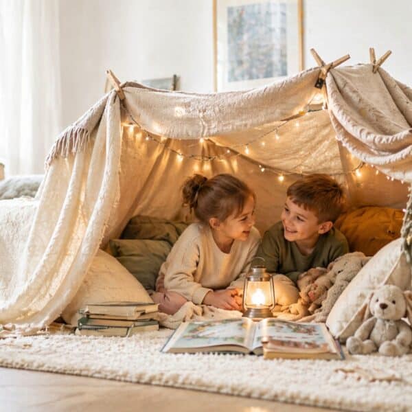 Kinder bauen zuhause eine gemütliche Höhle aus Decken und Kissen