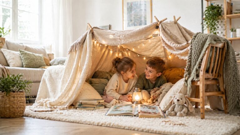 Kinder bauen zuhause eine gemütliche Höhle aus Decken und Kissen