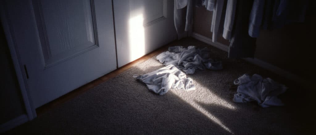 Unaufgeräumte Wäsche auf dem Boden - Zeichen von Erschöpftheit