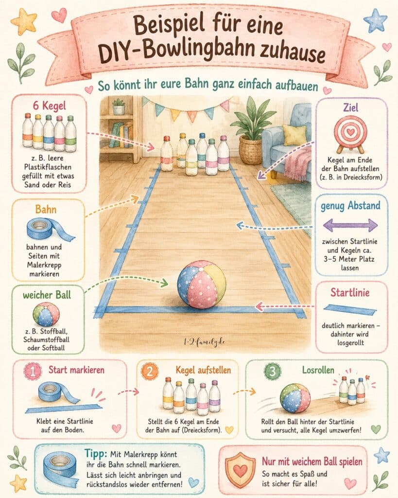 Bowling Bahn zuhause selber gebaut - Infografik für Eltern