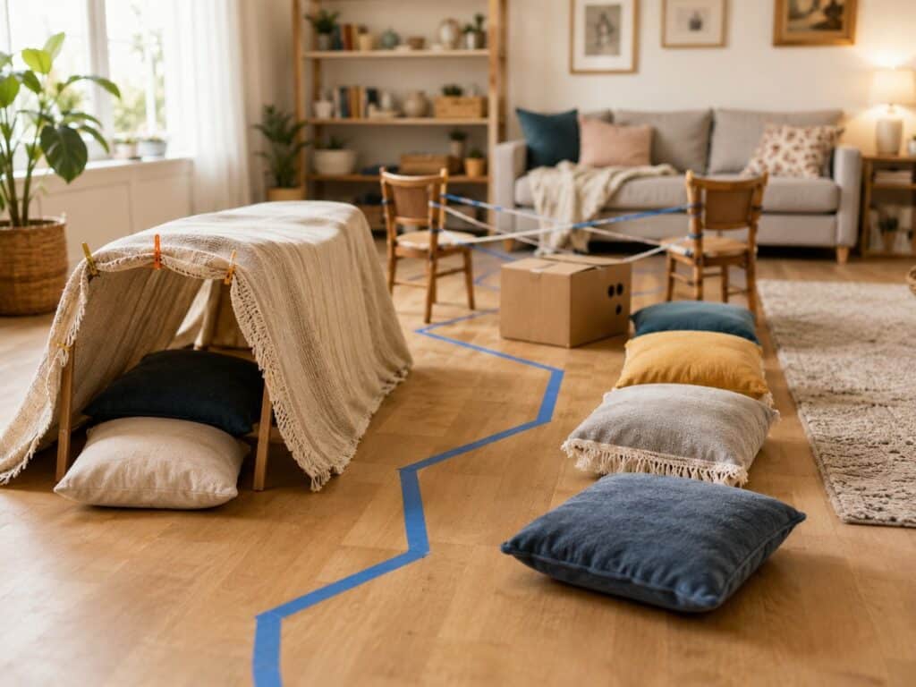 Kinder bauen zuhause einen Hindernisparcours mit Kissen und Stühlen