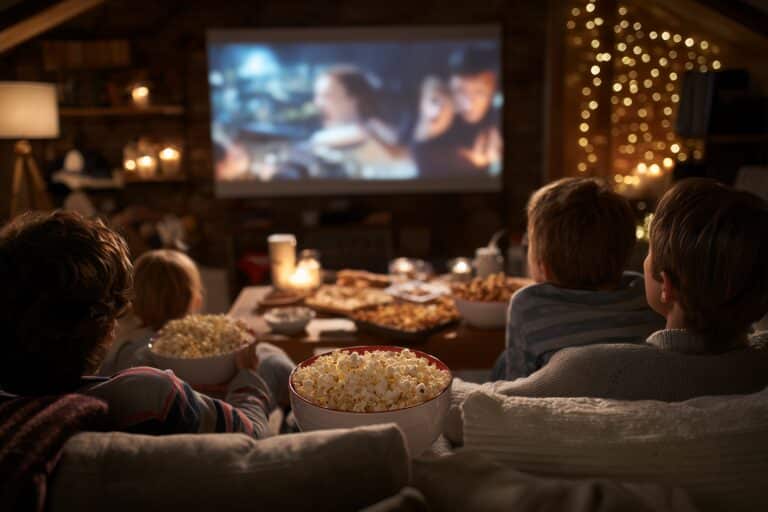 Gemütliches Wohnzimmer-Kino mit Popcorn und Kissen für einen Filmabend mit Kindern