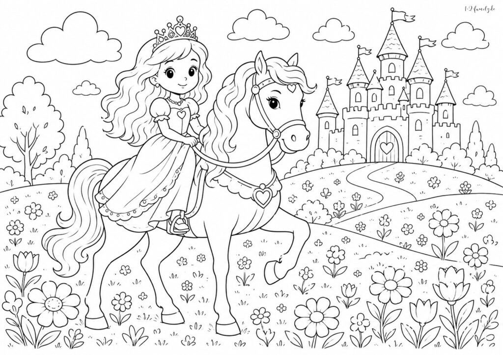 Ausmalbild Prinzessin auf Pferd