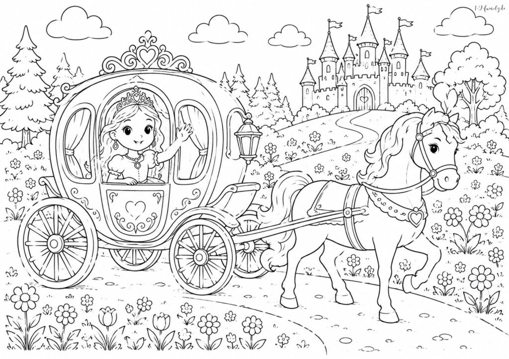 Ausmalbild Prinzessin in Kutsche