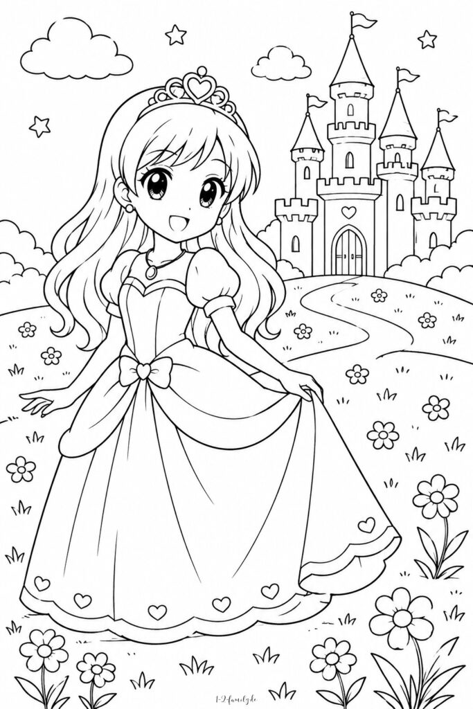Ausmalbild Prinzessin mit Schloss 01
