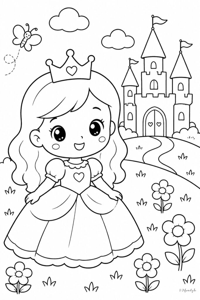 Ausmalbild Prinzessin mit Schloss 02