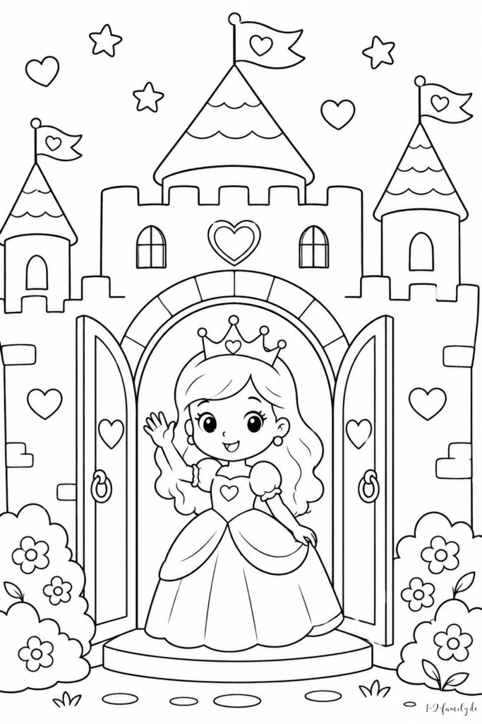Ausmalbild Prinzessin mit Schloss 03