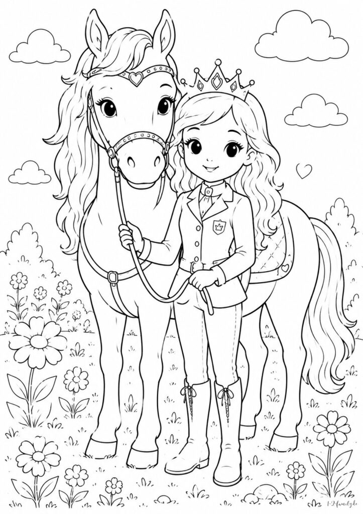 Ausmalbild Prinzessin und ihr Lieblingspferd