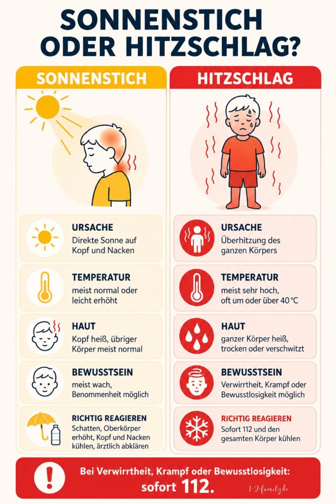 Sonnenstich oder Hitzschlag bei kindern - Unterschiec erkennen - Infografik