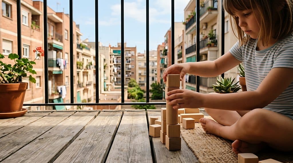 Kind spielt auf einem Balkon