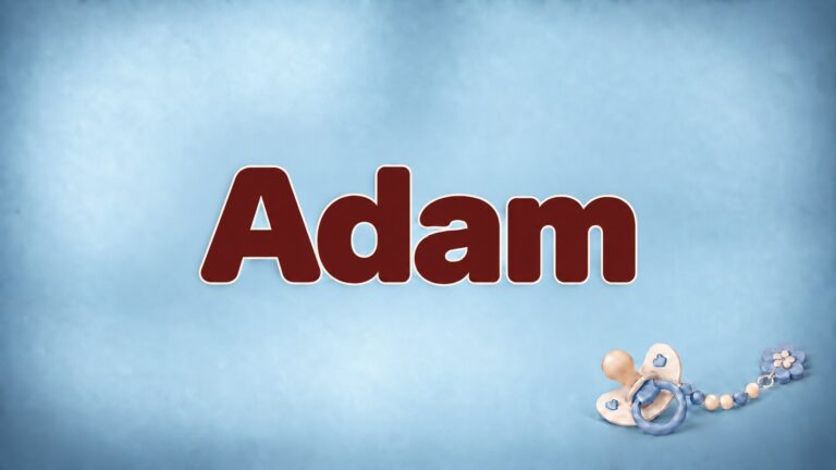 Adam in bordeauxfarbener Schrift auf babyblauem Hintergrund mit Schnuller und Schnullerkette