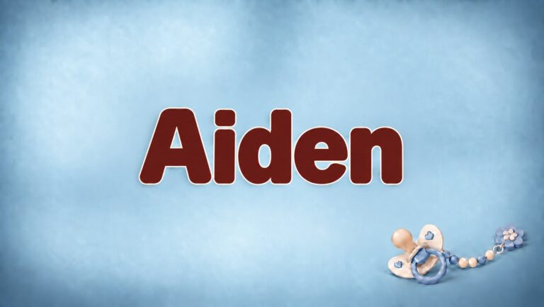 Aiden in bordeauxfarbener Schrift auf babyblauem Hintergrund mit Schnuller und Schnullerkette