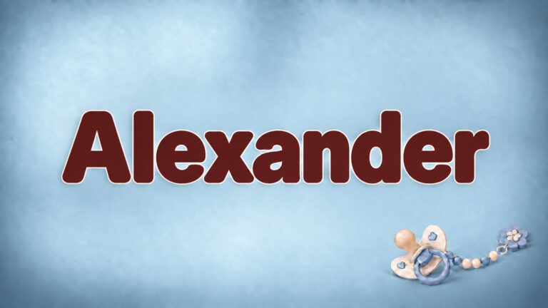 Alexander in bordeauxfarbener Schrift auf babyblauem Hintergrund mit Schnuller und Schnullerkette
