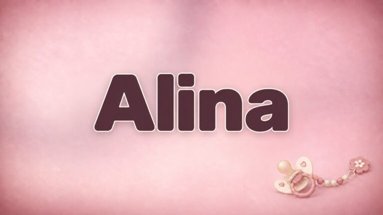 Alina in bordeauxfarbener Schrift auf altrosa Hintergrund mit Schnuller und Schnullerkette
