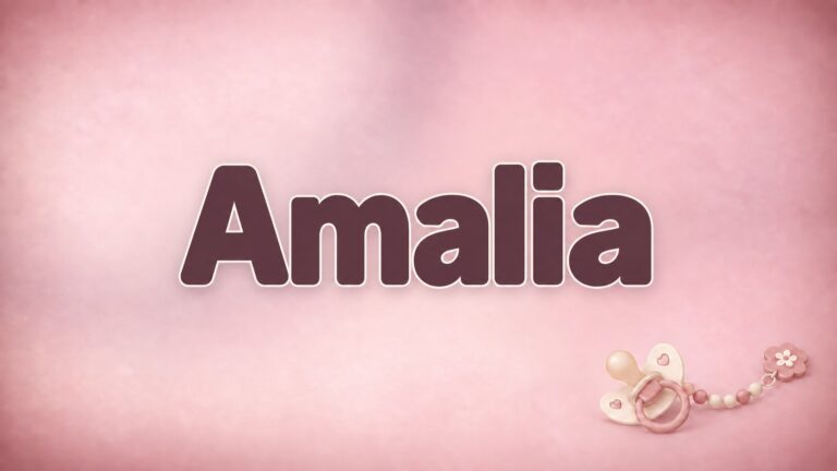 Amalia in bordeauxfarbener Schrift auf altrosa Hintergrund mit Schnuller und Schnullerkette