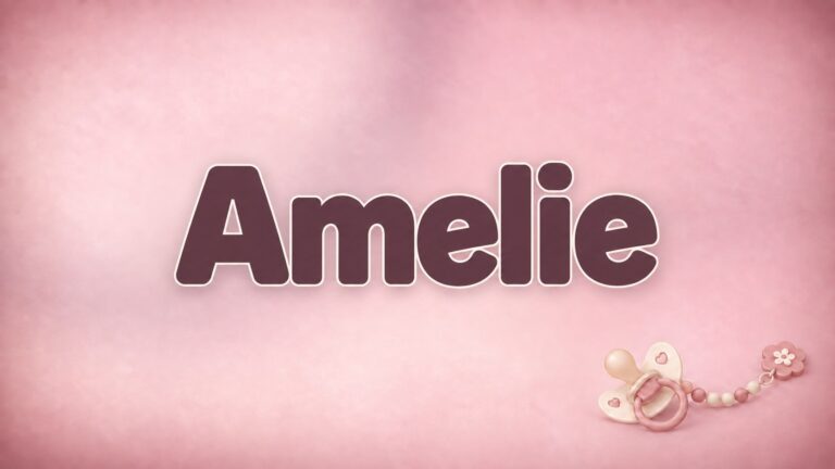 Amelie in bordeauxfarbener Schrift auf altrosa Hintergrund mit Schnuller und Schnullerkette