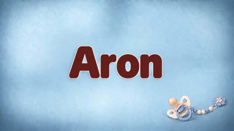 Aron in bordeauxfarbener Schrift auf babyblauem Hintergrund mit Schnuller und Schnullerkette