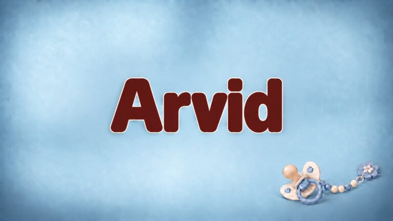 Arvid in bordeauxfarbener Schrift auf babyblauem Hintergrund mit Schnuller und Schnullerkette