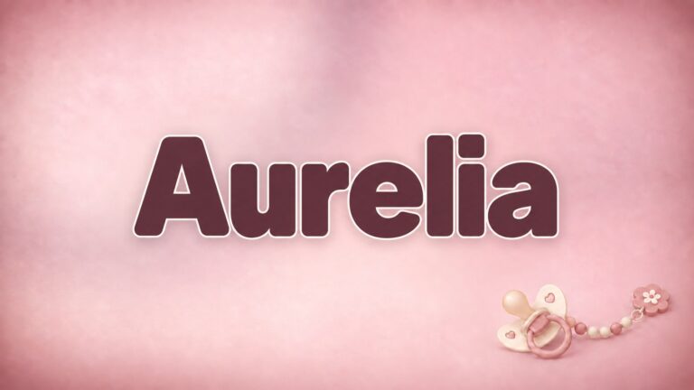 Aurelia in bordeauxfarbener Schrift auf altrosa Hintergrund mit Schnuller und Schnullerkette
