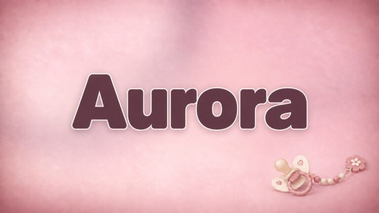Aurora in bordeauxfarbener Schrift auf altrosa Hintergrund mit Schnuller und Schnullerkette
