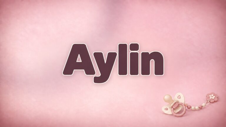 Aylin in bordeauxfarbener Schrift auf altrosa Hintergrund mit Schnuller und Schnullerkette