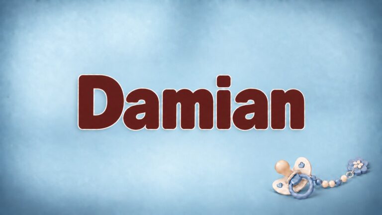 Der Vorname Damian in großer bordeauxfarbener Schrift auf blaugrauem Hintergrund mit Schnuller und Schnullerkette.