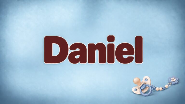 Der Vorname Daniel in großer bordeauxfarbener Schrift auf blaugrauem Hintergrund mit Schnuller und Schnullerkette.