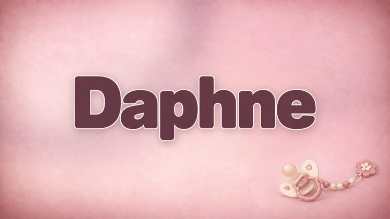 Der Vorname Daphne in großer bordeauxfarbener Schrift auf altrosafarbenem Hintergrund mit Schnuller und Schnullerkette.
