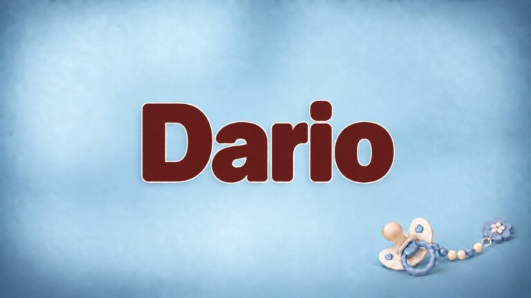 Der Vorname Dario in großer bordeauxfarbener Schrift auf blaugrauem Hintergrund mit Schnuller und Schnullerkette.